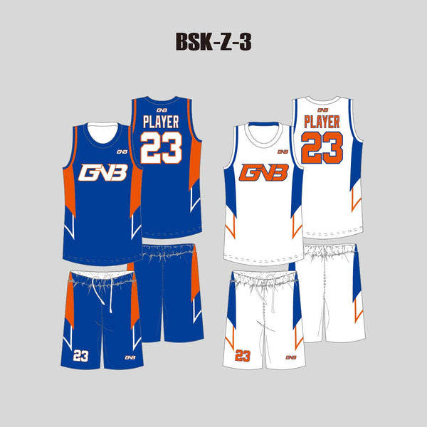 BSKZ3 Blue White Orange Adult Youth Custom Reversible Basketball Uniforms