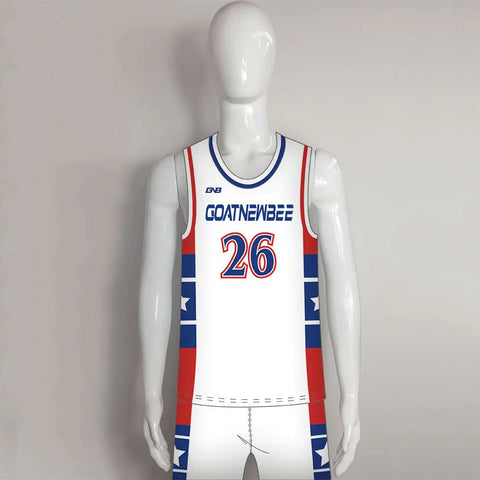 BSKX28 White Red Blue Custom Sublimated Basketball Uniform Packages