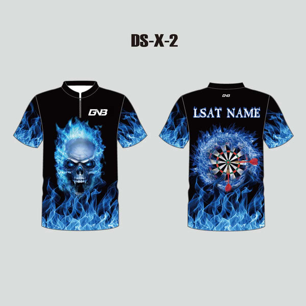 DSX2 Blue Fire Burning Skull Sublimated Custom Dart Shirts
