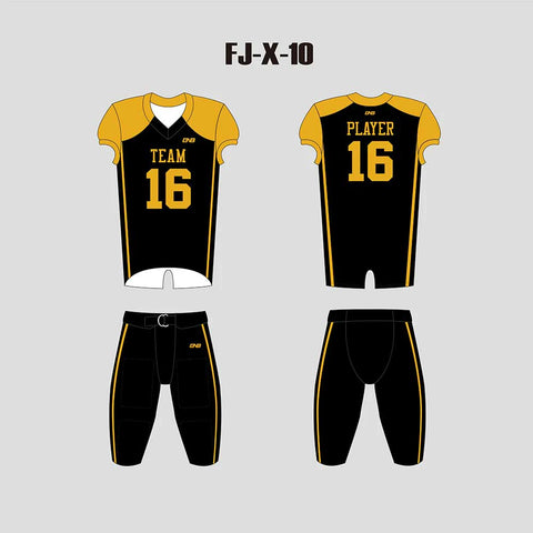 X10 Black and Gold Custom Football Uniforms For Kids and Adults
