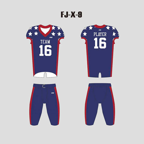 X9 Blue Red and White Stars Custom Football Uniforms For Youth and Adults