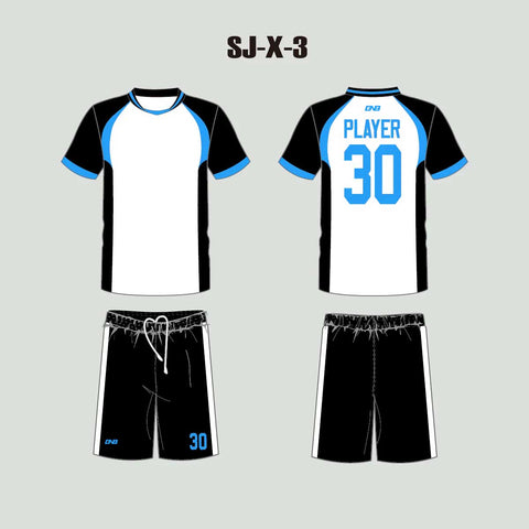 X3 White Black Blue Custom College and High School Soccer Uniforms