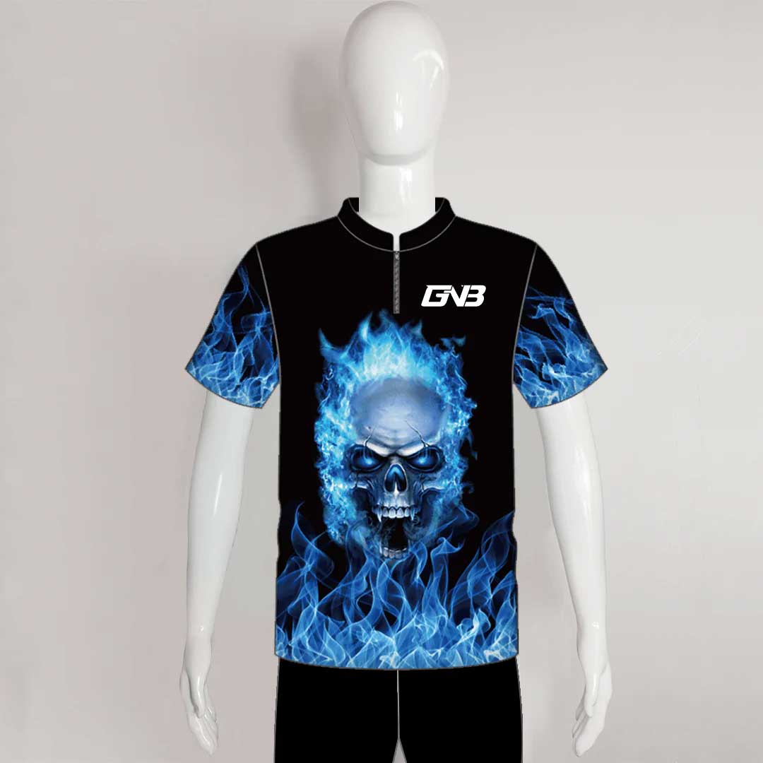 DSX2 Blue Fire Burning Skull Sublimated Custom Dart Shirts